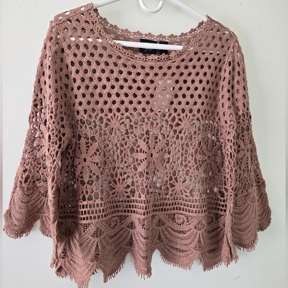 Daytrip Crochet Lace Bell Sleeve Top Brown Size Medium